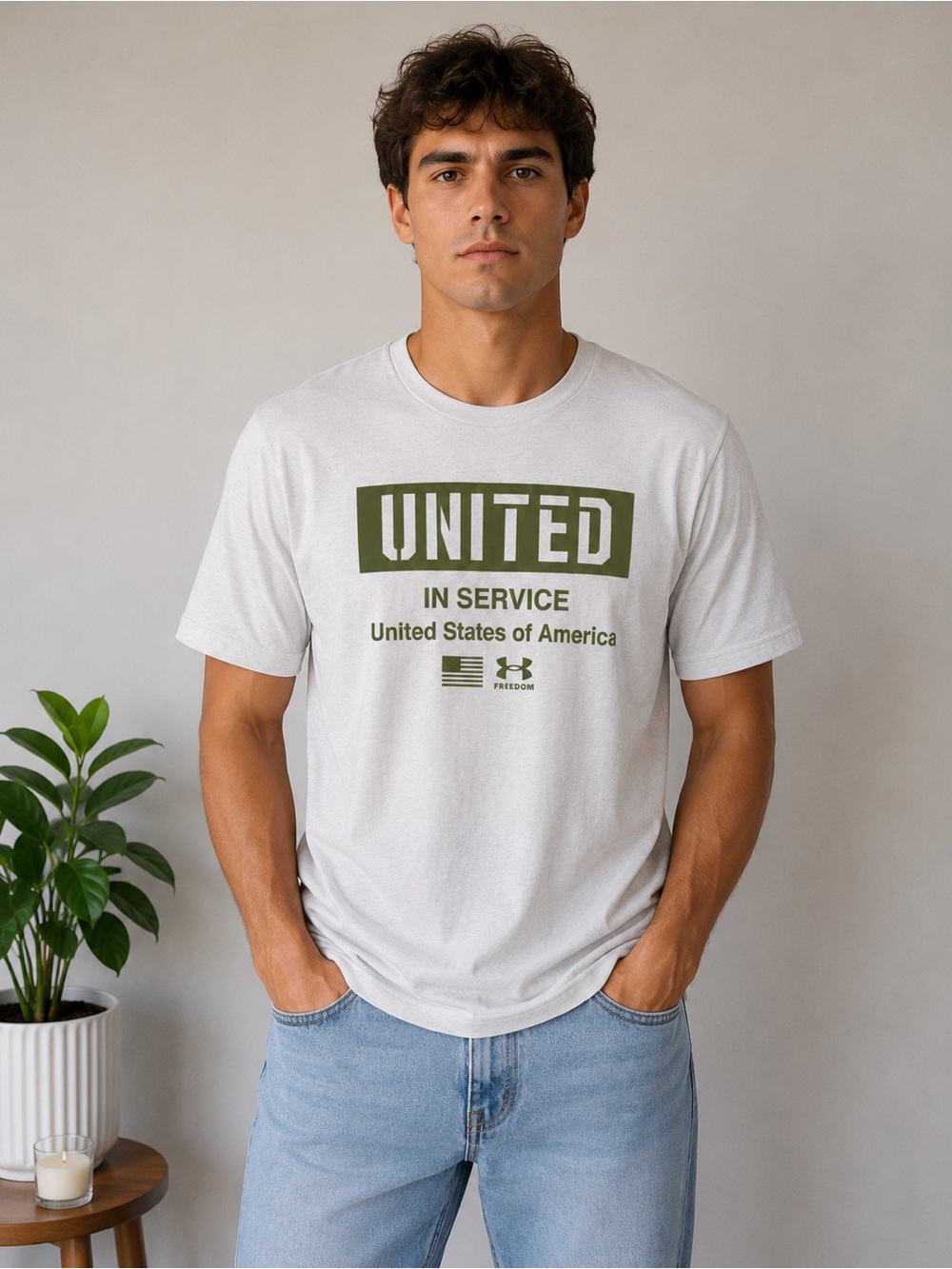 Under Armour Mod Grey Short-Sleeve 'UNITED' Graphic Tee with Olive Print